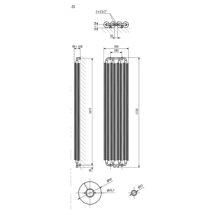 Ribbon V - Copper Vertical Designer Radiator H1720mm x W390mm Single Panel
