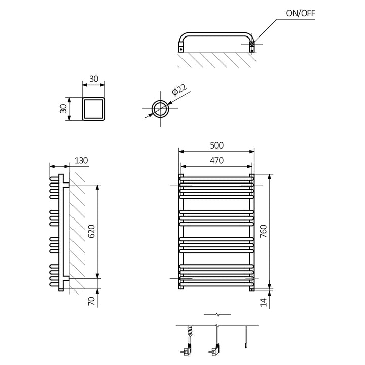 Alex One - White Electric Towel Rail H760mm x W500mm 400w Thermostatic