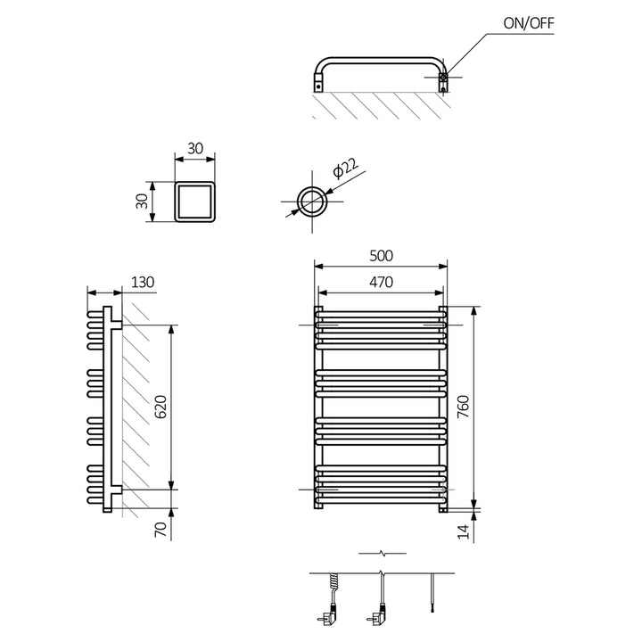 Alex One - Modern Grey Electric Towel Rail H760mm x W500mm 400w Thermostatic