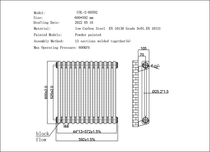 Alpha - Antique Brass Column Radiator H600mm x W592mm 2 Column