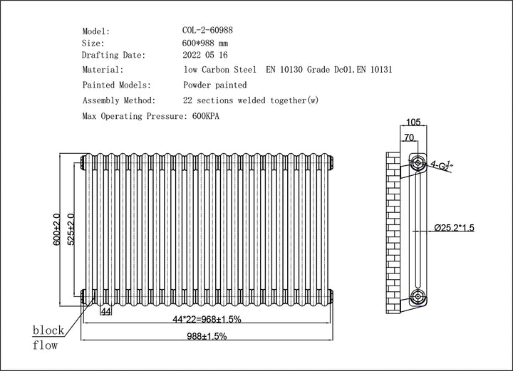Alpha - Antique Brass Column Electric Radiator H600mm x W988mm 2 Column 900w Thermostatic WIFI