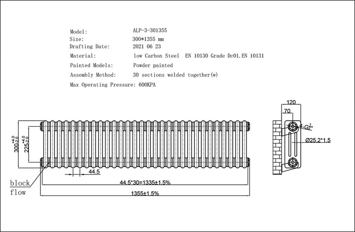 Alpha - Antique Brass Column Radiator H300mm x W1355mm 3 Column