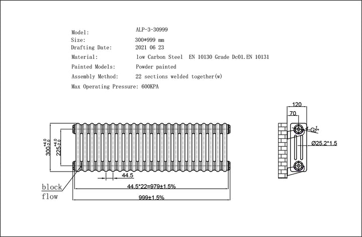 Alpha - Antique Brass Column Radiator H300mm x W999mm 3 Column - Feet Included