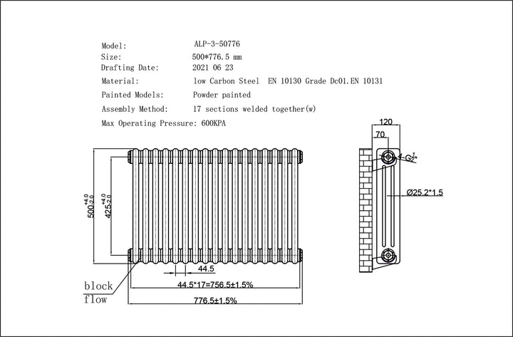 Alpha - Raw Metal Column Radiator H500mm x W777mm 3 Column - Feet Included