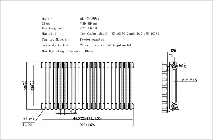 Alpha - Raw Metal Column Radiator H500mm x W999mm 3 Column