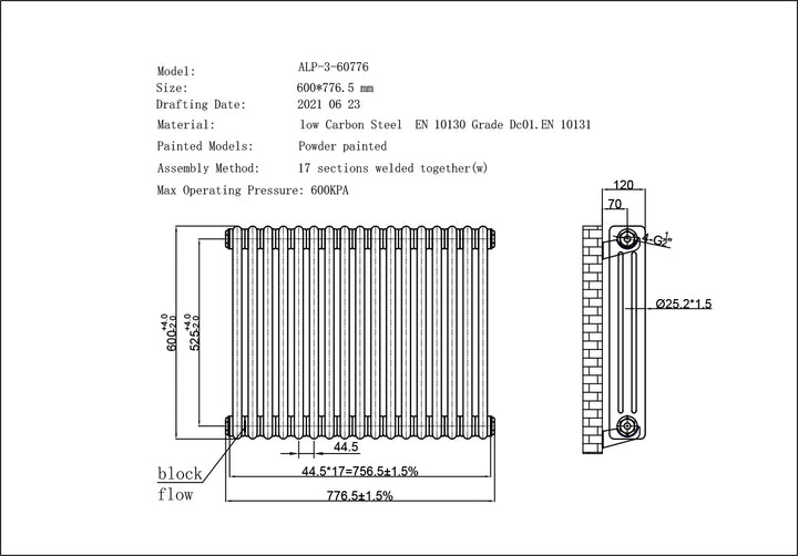 Alpha - Antique Brass Column Radiator H600mm x W777mm 3 Column