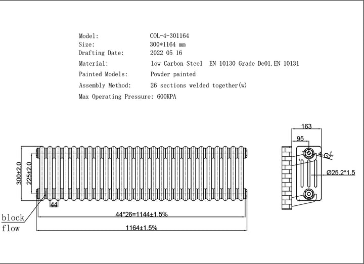 Alpha - Raw Metal Column Radiator H300mm x W1164mm 4 Column - Feet Included