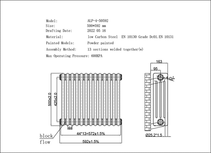 Alpha - Raw Metal Column Radiator H500mm x W592mm 4 Column