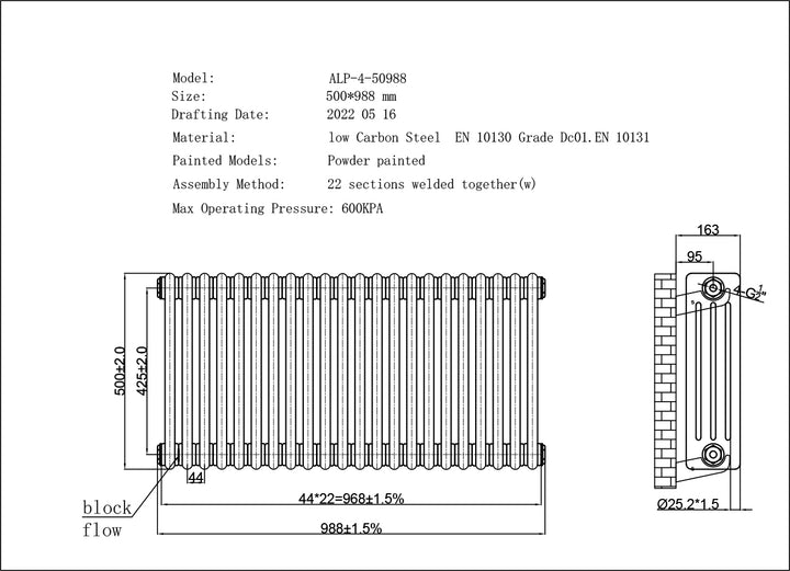 Alpha - Anthracite Column Radiator H500mm x W988mm 4 Column - Feet Included