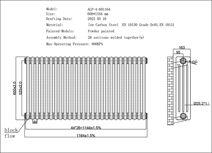 Alpha - White Column Radiator H600mm x W1164mm 4 Column - Feet Included