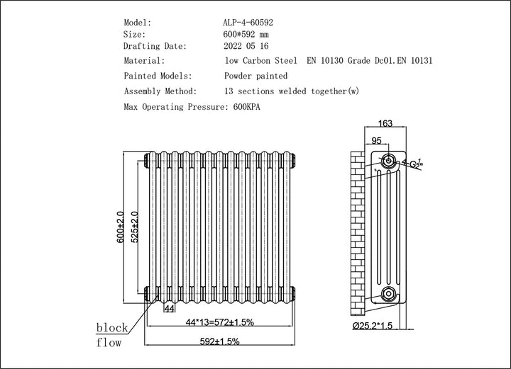 Alpha - Raw Metal Column Radiator H600mm x W592mm 4 Column - Feet Included