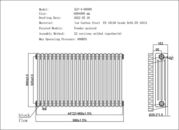 Alpha - Antique Brass Column Radiator H600mm x W988mm 4 Column
