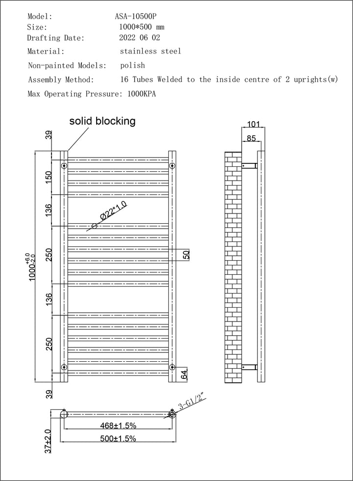 Aston - Stainless Steel Heated Towel Rail - H1000mm x W500mm - Straight