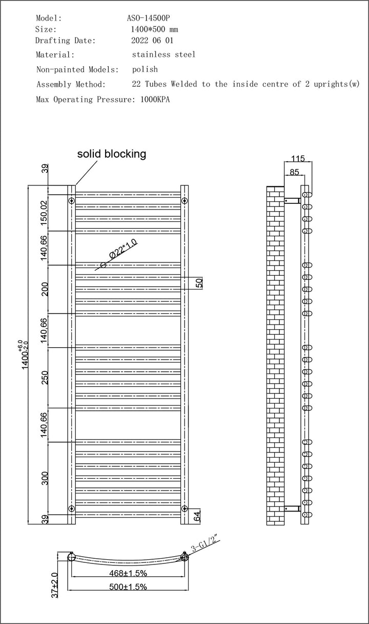 Technical specification sheet for Aston stainless steel heated towel rail, 1400mm x 500mm curved bathroom radiator, showing dimensions and key details