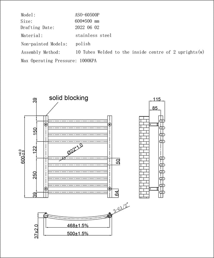 Aston - Stainless Steel Heated Towel Rail - H600mm x W500mm - Curved