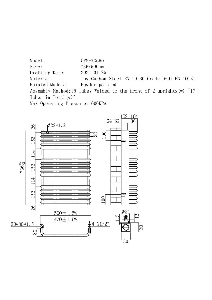 Crossmoor - Anthracite Electric Towel Rail H736mm x W500mm 600w Thermostatic