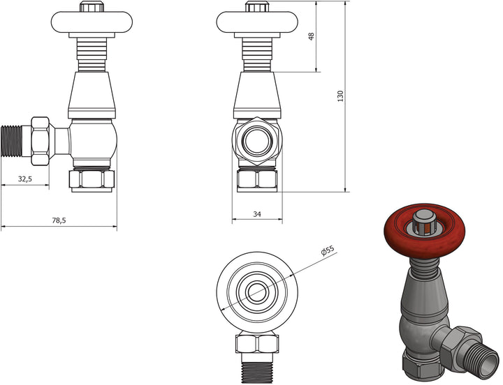 Cork Traditional - Polished Brass Thermostatic Radiator Valve & Lockshield Angled 15mm