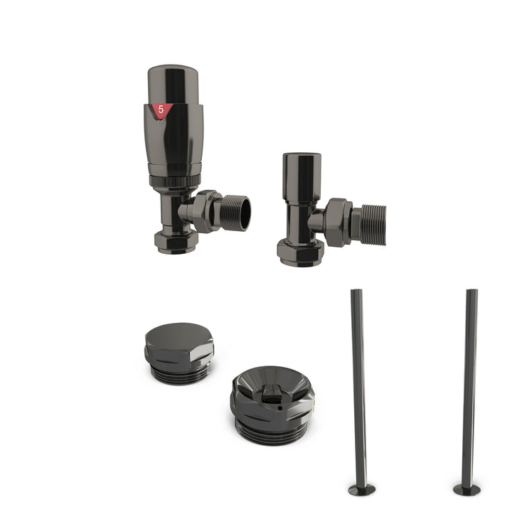Derry Bold - Black Nickel Thermostatic Radiator Valve & Installation Kit Angled 15mm