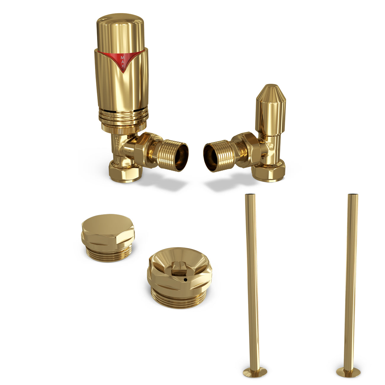 Derry Bold - Polished Brass Thermostatic Radiator Valve & Installation Kit Angled 15mm