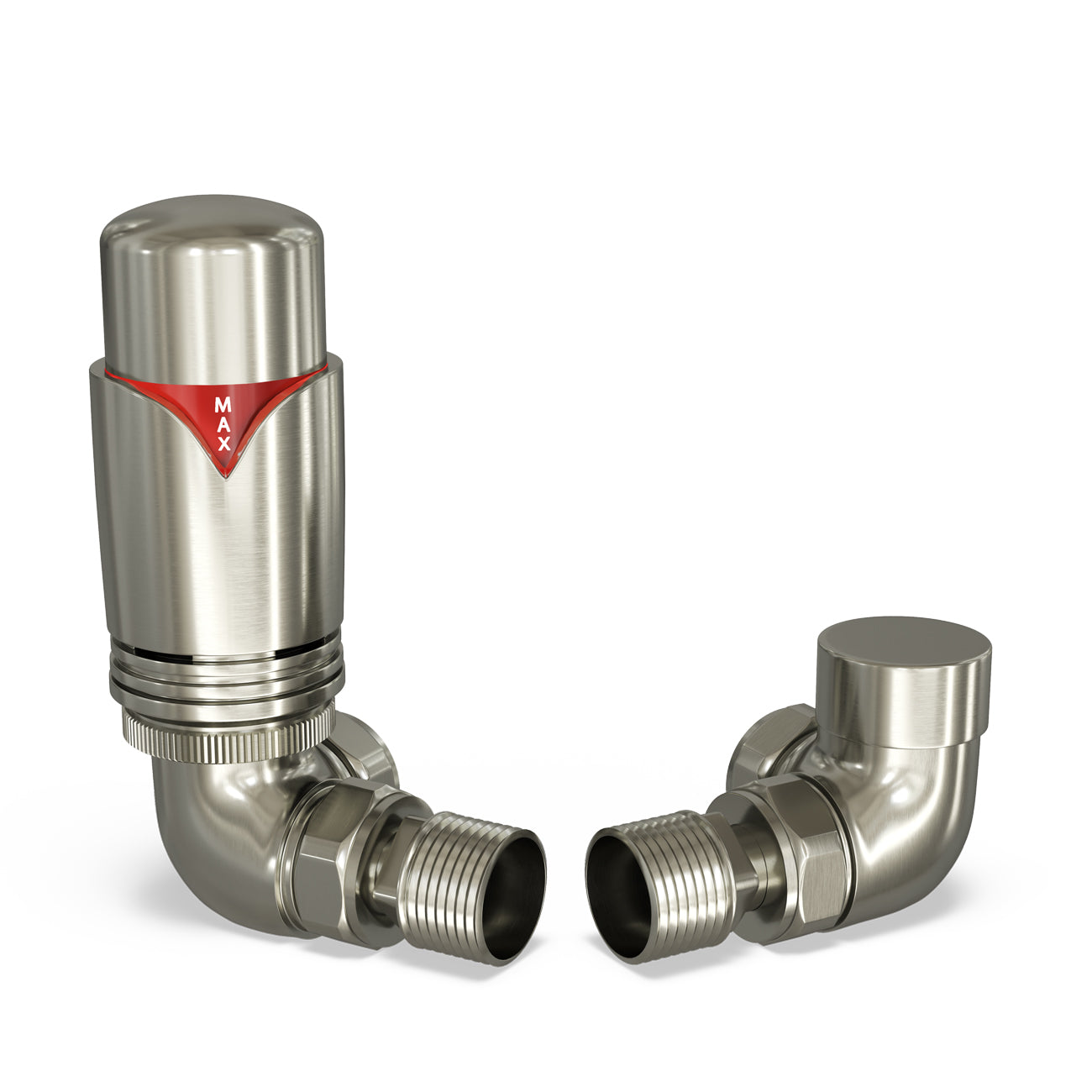 Derry Bold - Silver Nickel Thermostatic Radiator Valve & Lockshield Corner 8mm
