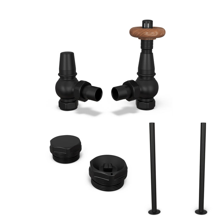 Derry Traditional - Black Thermostatic Radiator Valve & Installation Kit Angled 15mm