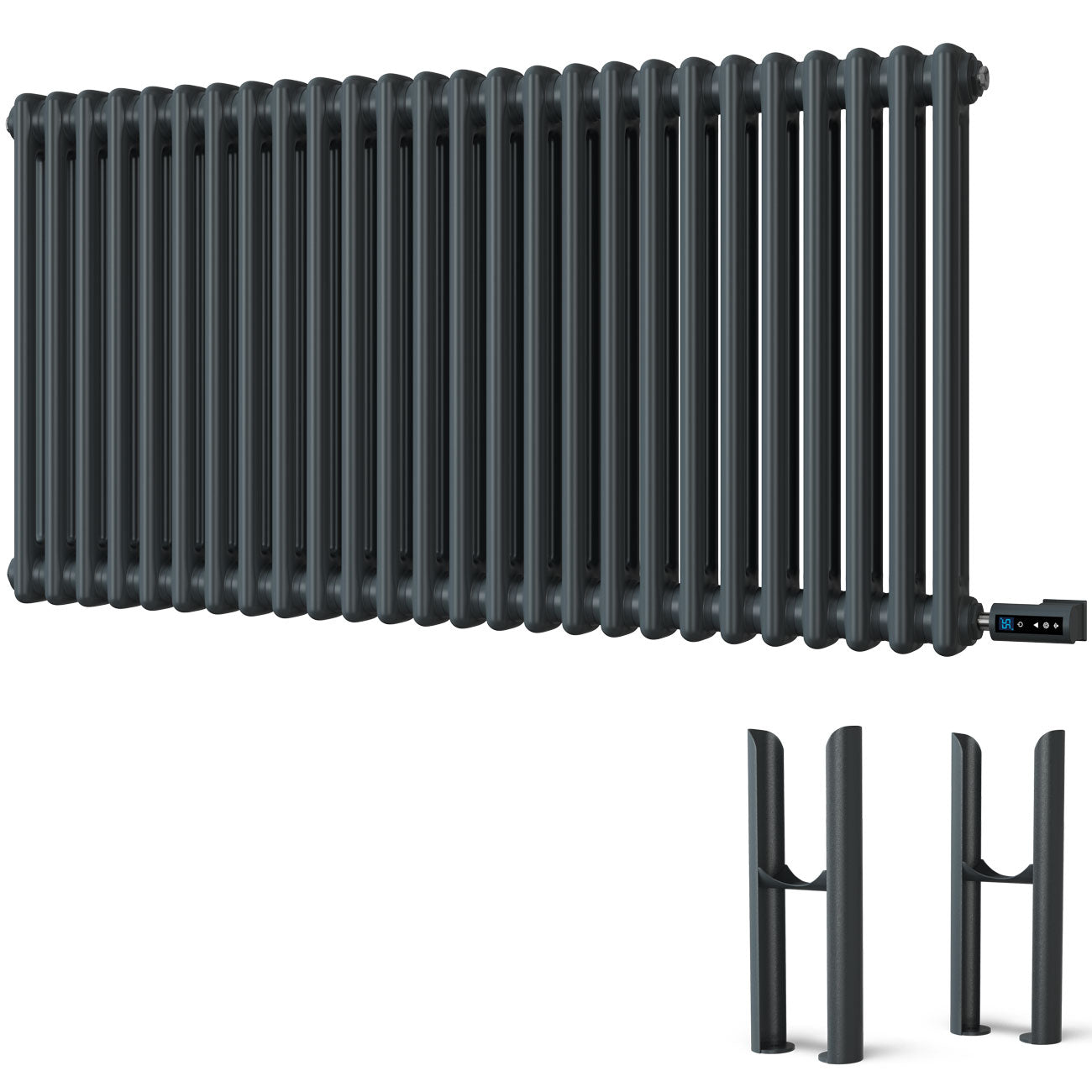 Alpha - Anthracite Column Electric Radiator H600mm x W1164mm 2 Column 1200w Thermostatic WIFI - Feet Included