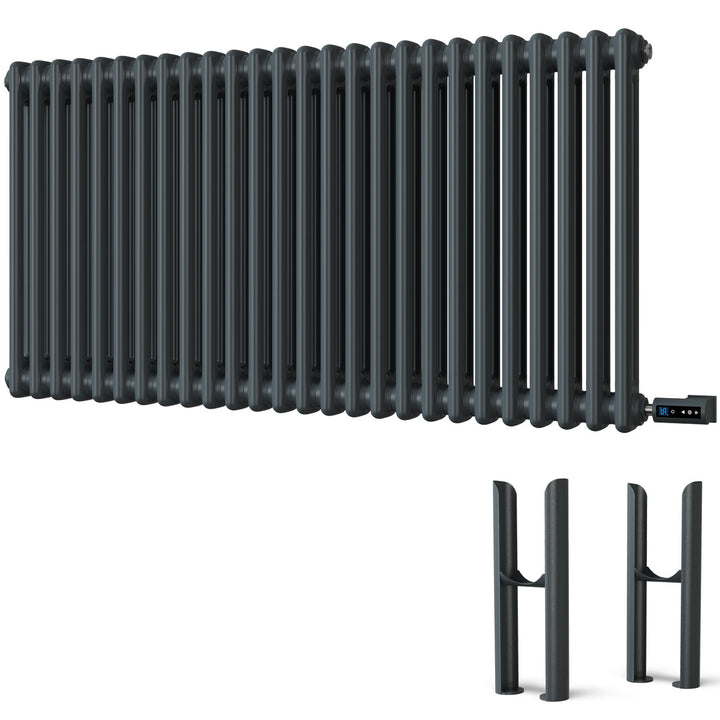 Alpha - Anthracite Column Electric Radiator H600mm x W1164mm 2 Column 1200w Thermostatic WIFI - Feet Included