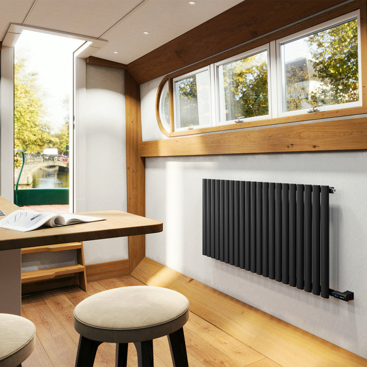 Omeara - Black Horizontal Electric Radiator H600mm x W1218mm Single Panel 900w Thermostatic WIFI - Feet Included