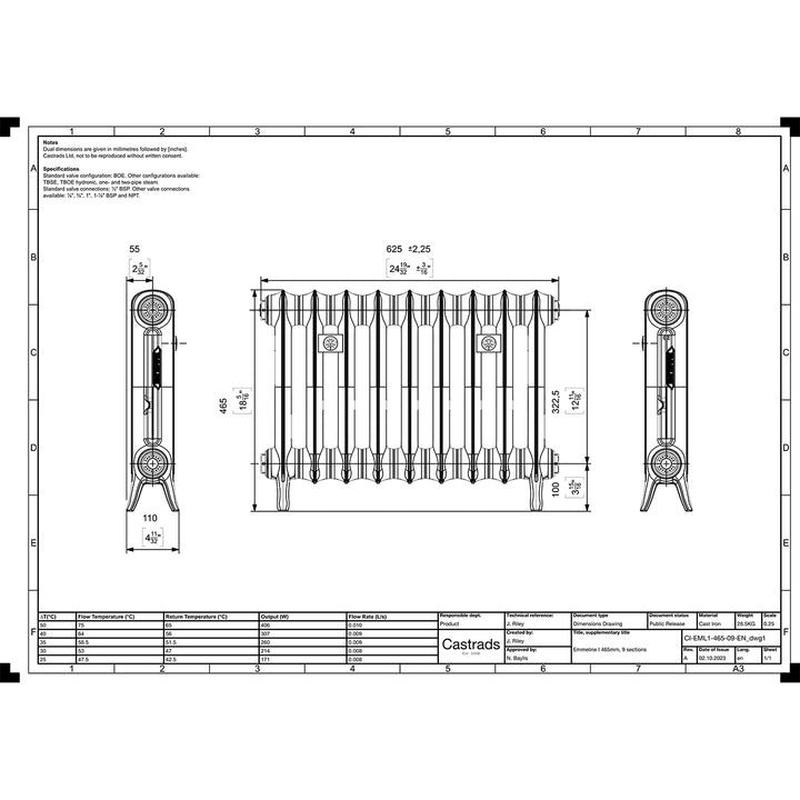 Emmeline 465mm high x 629mm wide 1 column floor standing cast iron column radiator technical drawing showing dimensions, installation measurements and specifications.