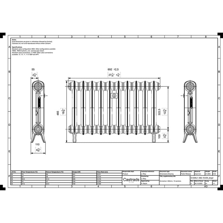 Emmeline I - Grey Bronze Cast Iron Column Radiator H465mm x W695mm 1 Column - Floor Standing