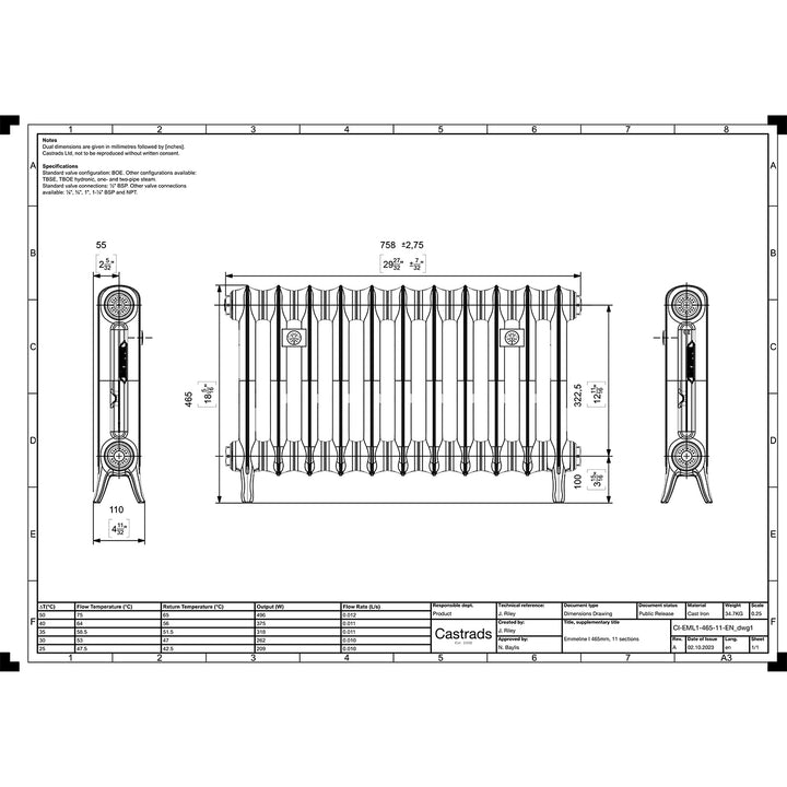 Emmeline I - Quartz Grey Cast Iron Column Radiator H465mm x W762mm 1 Column - Floor Standing
