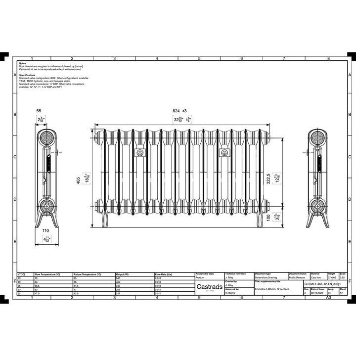 Emmeline I - Anthracite Cast Iron Column Radiator H465mm x W828mm 1 Column - Floor Standing
