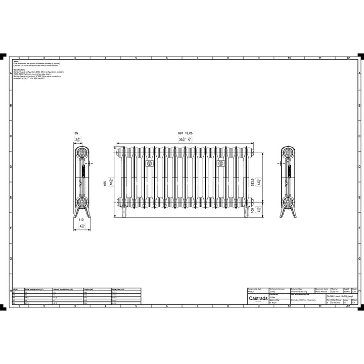Emmeline 465mm high x 895mm wide 1 column floor standing cast iron column radiator technical drawing showing dimensions, installation measurements and specifications.