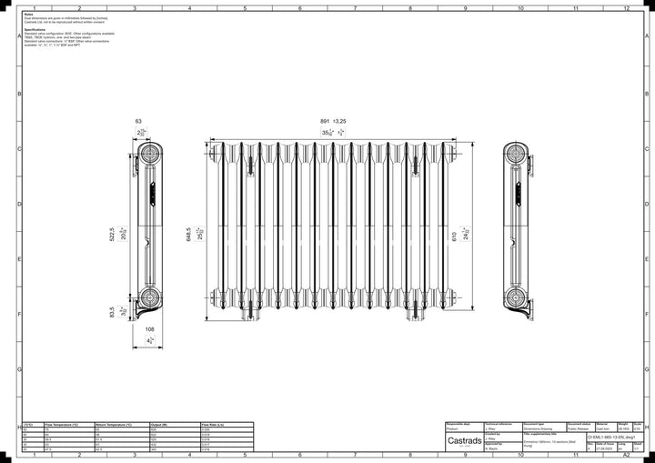Emmeline I - Ceramic White Cast Iron Column Radiator H607mm x W895mm 1 Column - Wall Hung