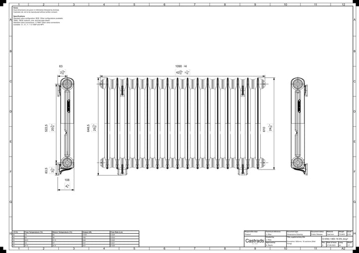 Emmeline I - Ceramic White Cast Iron Column Radiator H607mm x W1094mm 1 Column - Wall Hung