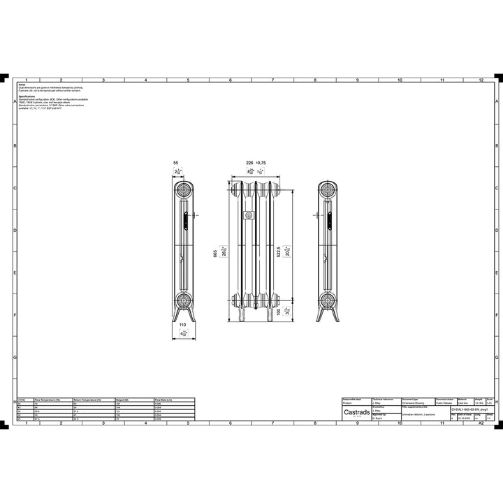 Emmeline 665mm high x 230mm wide 1 column floor standing cast iron column radiator technical drawing showing dimensions, installation measurements and specifications.