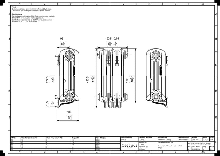 Emmeline II - Pebble Grey Cast Iron Column Radiator H413mm x W230mm 2 Column - Wall Hung