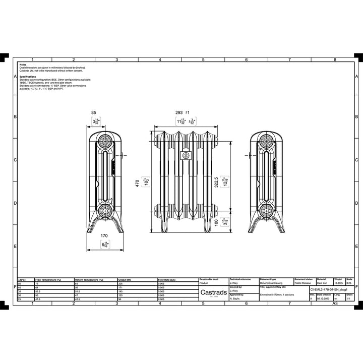 Emmeline 470mm high x 296mm wide 2 column floor standing cast iron column radiator technical drawing showing dimensions, installation measurements and specifications.