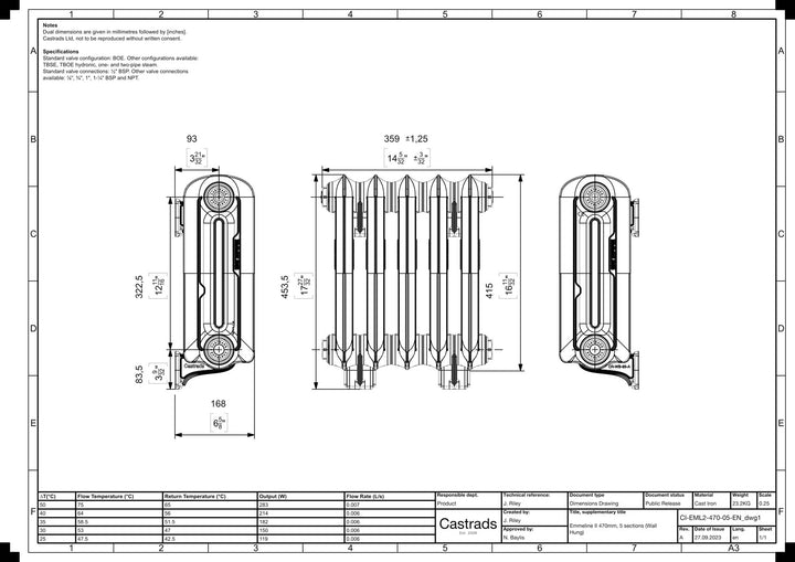 Emmeline II - Pebble Grey Cast Iron Column Radiator H413mm x W363mm 2 Column - Wall Hung
