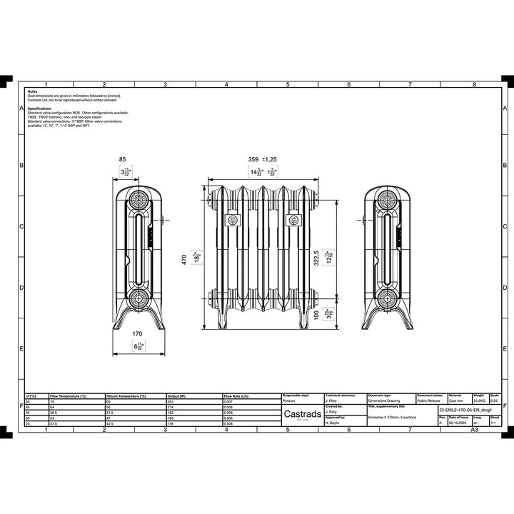 Emmeline II - Black Iron Cast Iron Column Radiator H470mm x W363mm 2 Column - Floor Standing