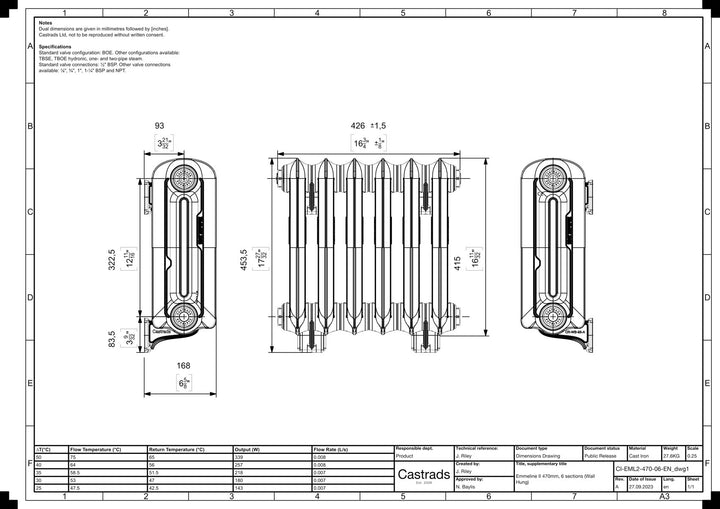 Emmeline II - Pebble Grey Cast Iron Column Radiator H413mm x W429mm 2 Column - Wall Hung