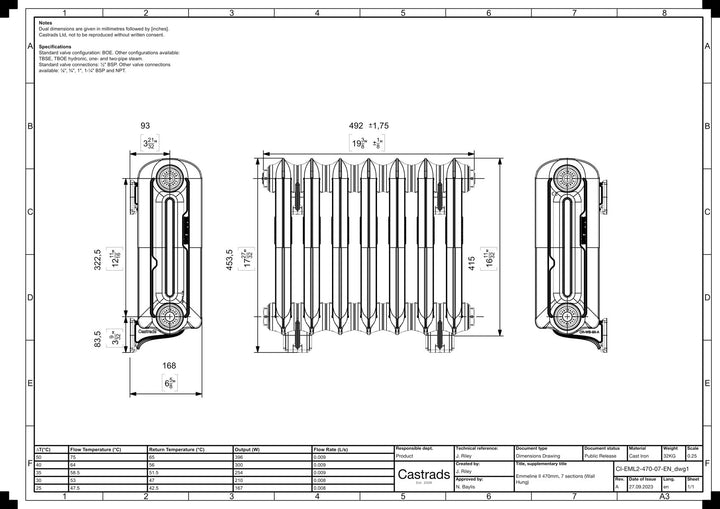 Emmeline II - Pebble Grey Cast Iron Column Radiator H413mm x W496mm 2 Column - Wall Hung