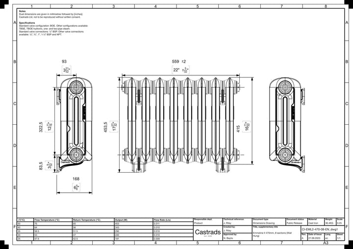 Emmeline II - Pebble Grey Cast Iron Column Radiator H413mm x W562mm 2 Column - Wall Hung