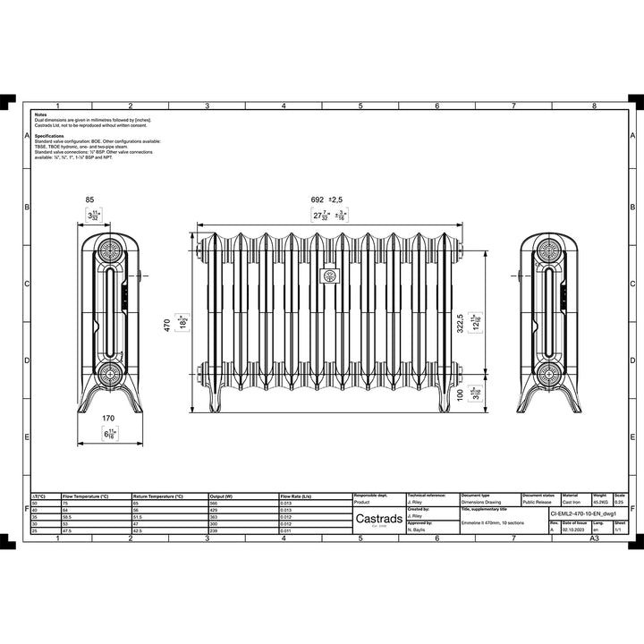 Emmeline 470mm high x 695mm wide 2 column floor standing cast iron column radiator technical drawing showing dimensions, installation measurements and specifications.