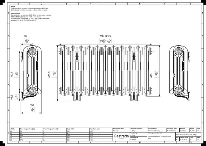 Emmeline II - Pebble Grey Cast Iron Column Radiator H413mm x W762mm 2 Column - Wall Hung