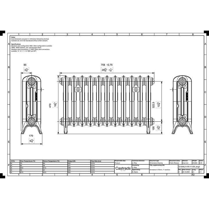 Emmeline II - Astral Grey Dark Cast Iron Column Radiator H470mm x W762mm 2 Column - Floor Standing