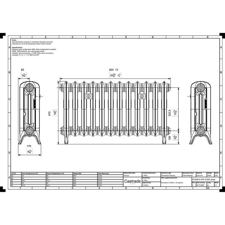 Emmeline II - Anthracite Cast Iron Column Radiator H470mm x W828mm 2 Column - Floor Standing