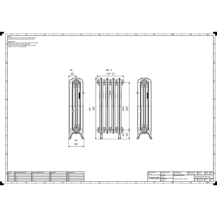 Emmeline 670mm high x 296mm wide 2 column floor standing cast iron column radiator technical drawing showing dimensions, installation measurements and specifications.