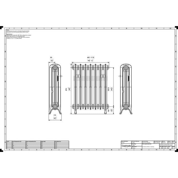 Emmeline 670mm high x 496mm wide 2 column floor standing cast iron column radiator technical drawing showing dimensions, installation measurements and specifications.