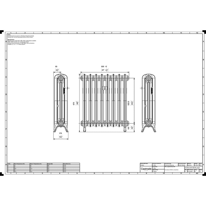 Emmeline 670mm high x 562mm wide 2 column floor standing cast iron column radiator technical drawing showing dimensions, installation measurements and specifications.